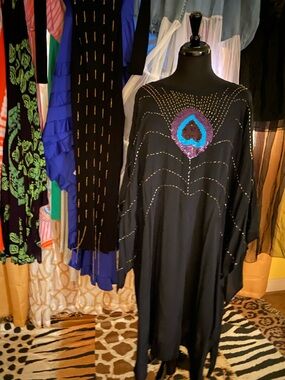 Black Beaded Sequin Peacock Motif Kaftan Dress